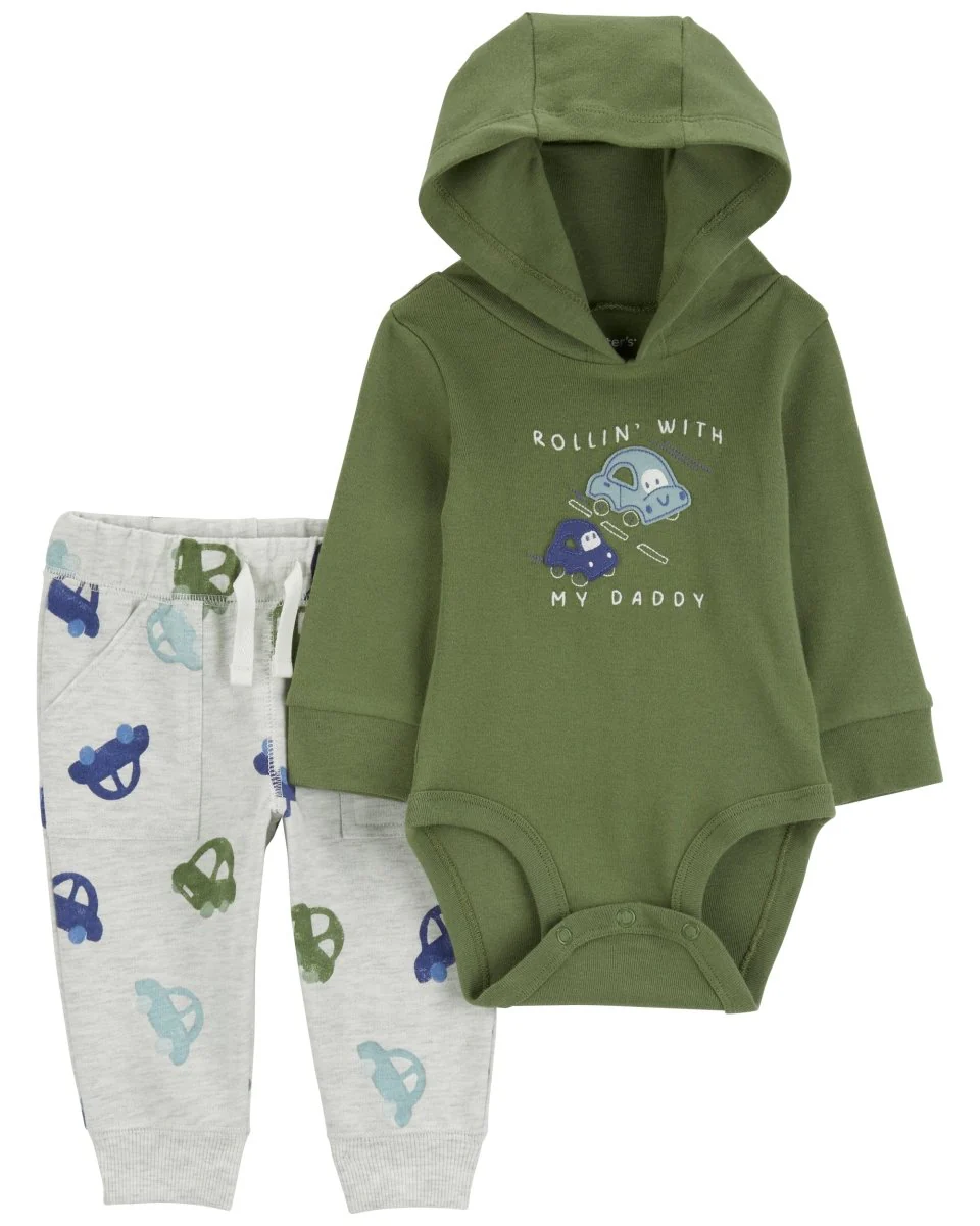 Conjunto tres piezas de algodón, pantalón y body con capucha diseño autos