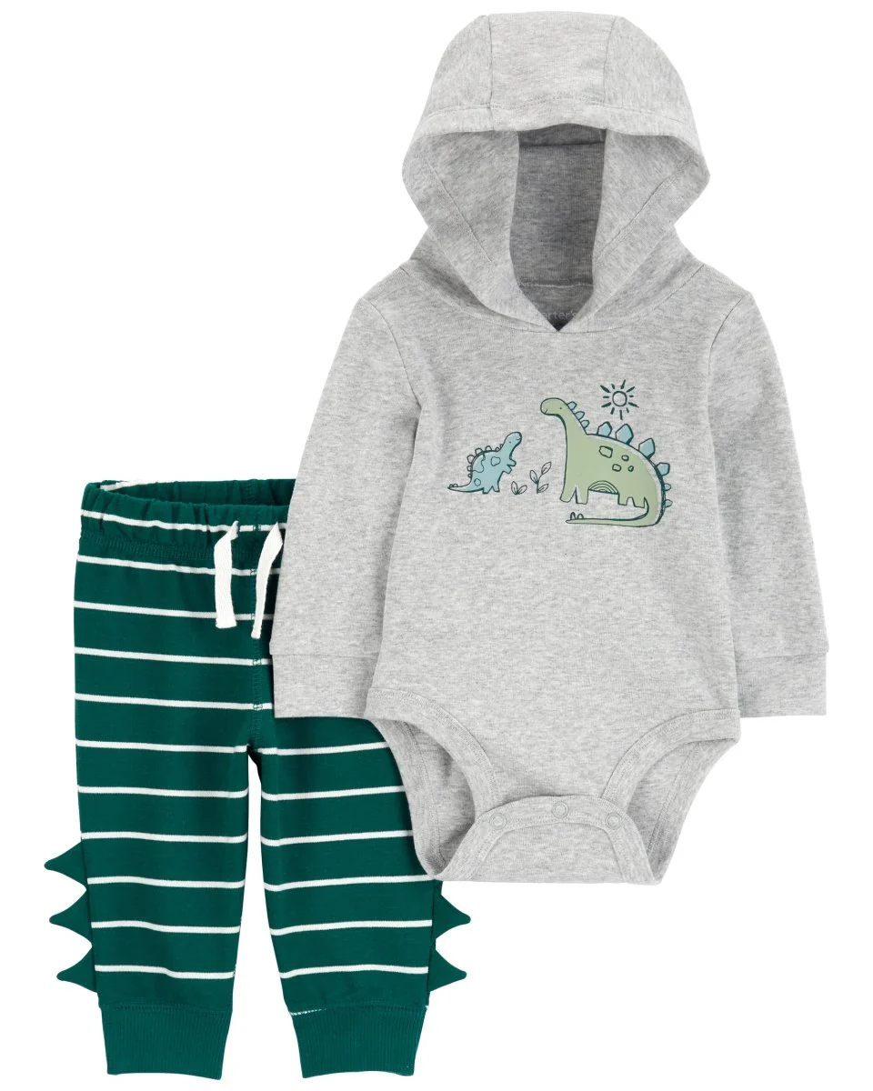 Conjunto dos piezas de algodón, pantalón y body con capucha diseño dinos