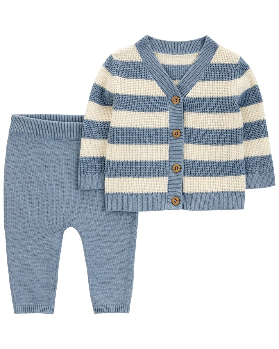 Conjunto dos piezas de algodón, pantalón y cárdigan, diseño a rayas