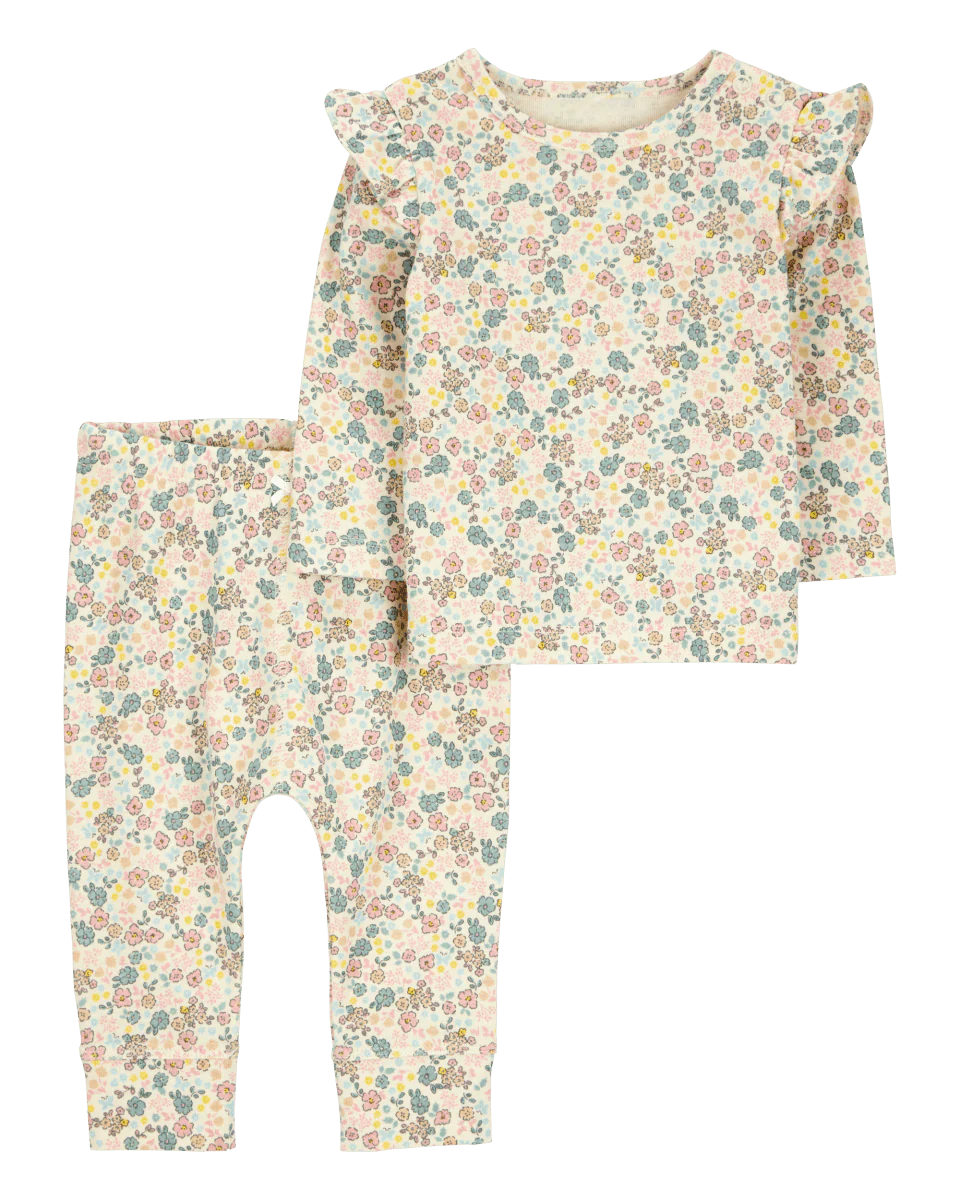 Conjunto de dos piezas de algodón, pantalón y camiseta, diseño floral