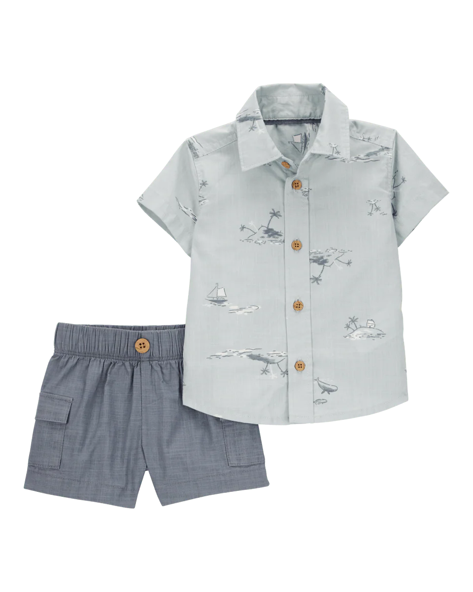 Conjunto de dos piezas de algodón, pantalón corto y camisa, diseño tropical
