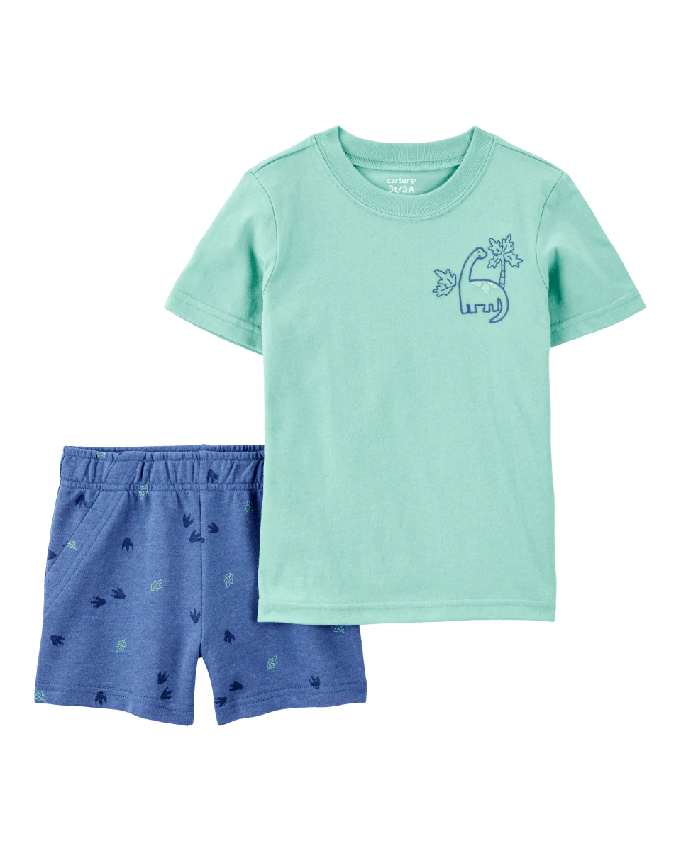 Conjunto de dos piezas de algodón, pantalón corto y camiseta, diseño dino