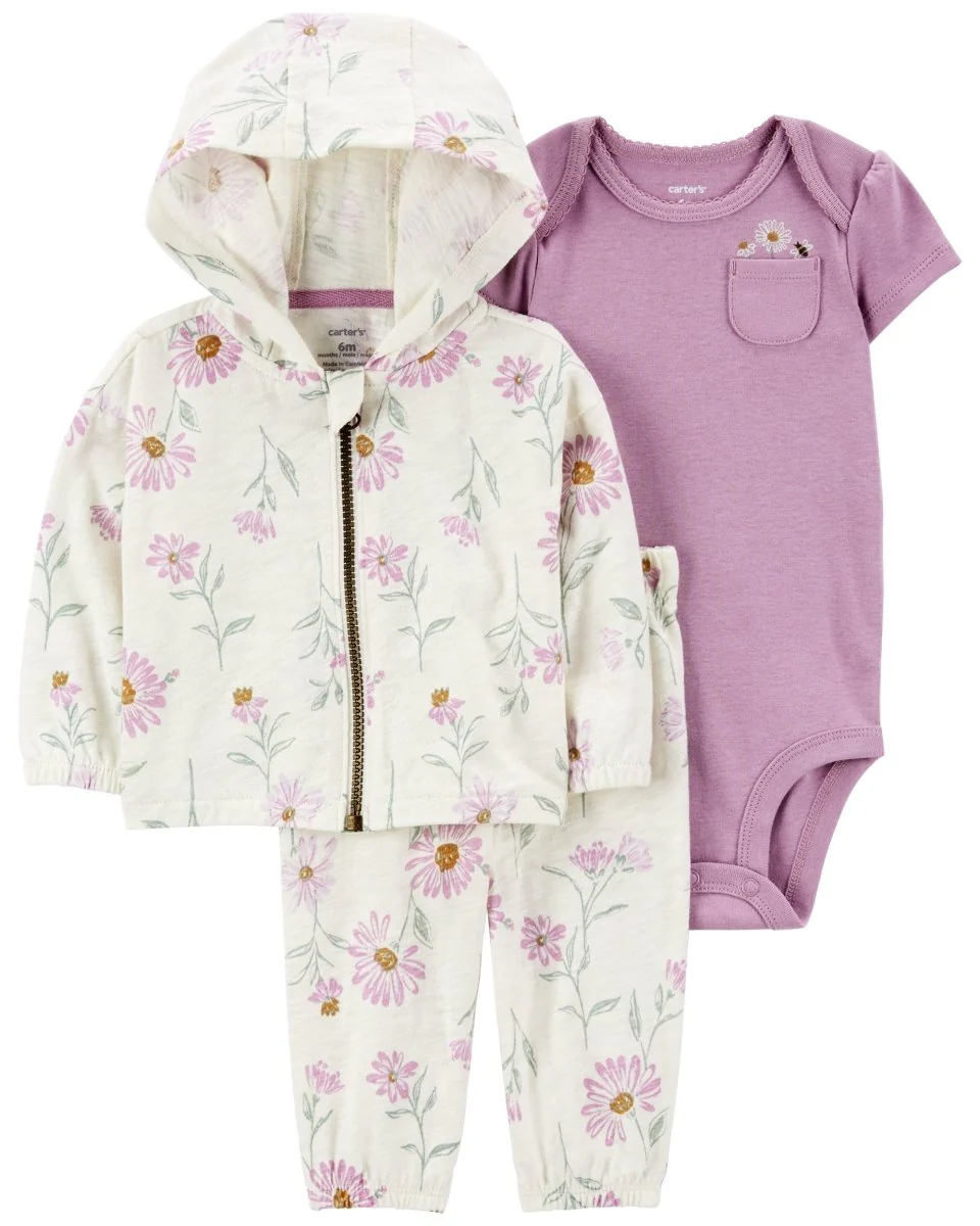 Conjunto tres piezas de algodón, chaqueta, pantalón y body, diseño floral