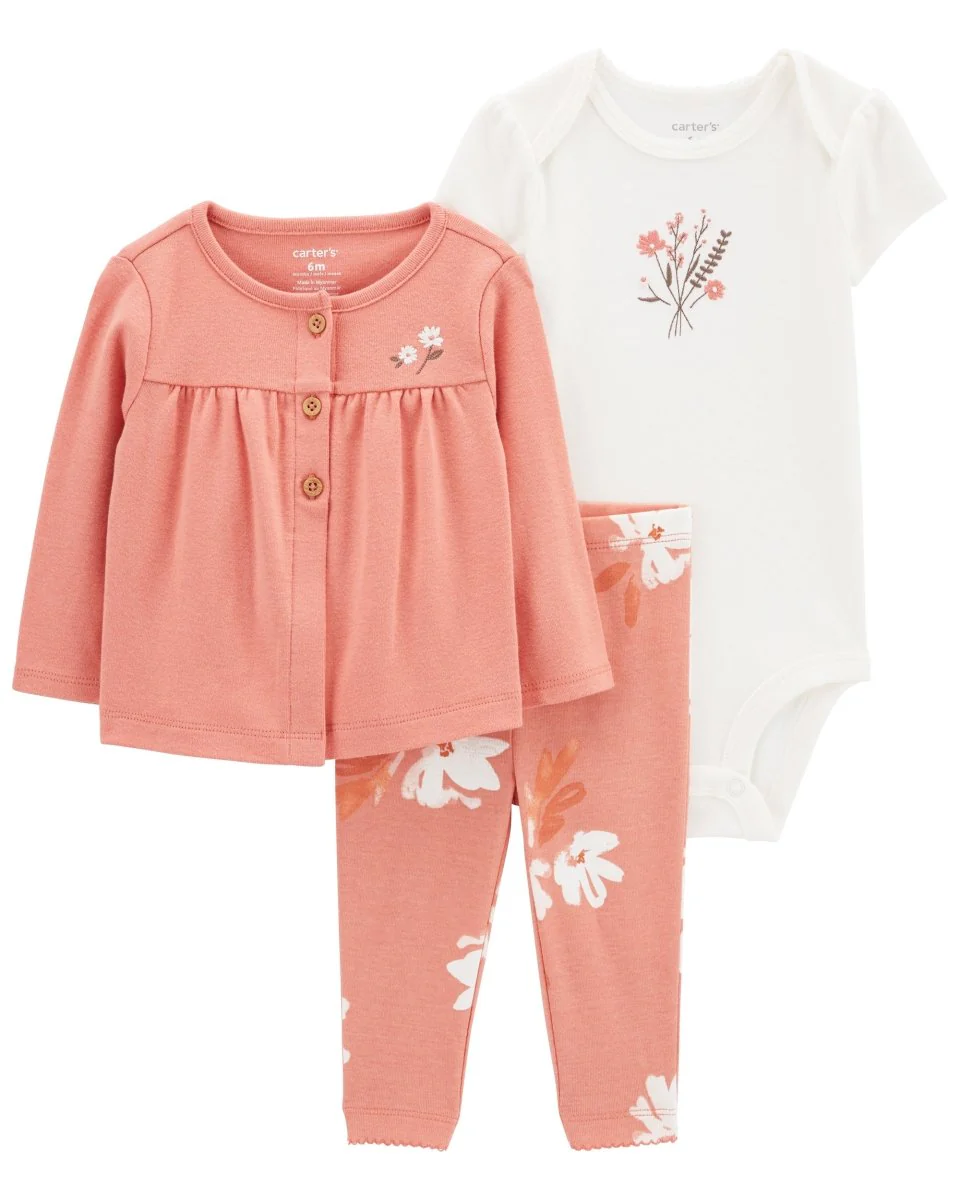 Conjunto 3 piezas, body de algodón, chaqueta y calza, diseño floral en color coral