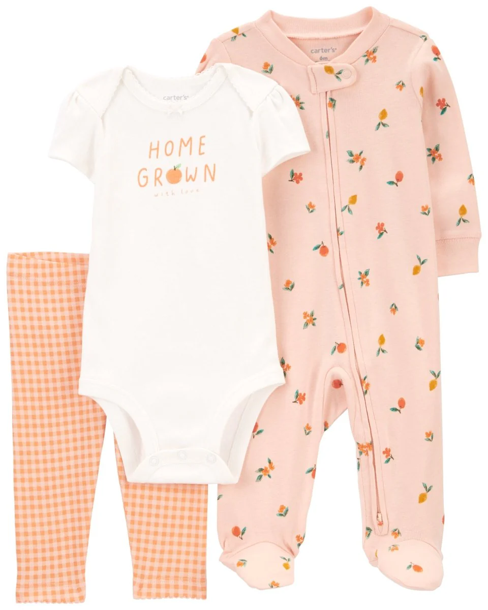 Conjunto 3 piezas de algodón, pijama con pie, pantalón y body, diseño naranjas