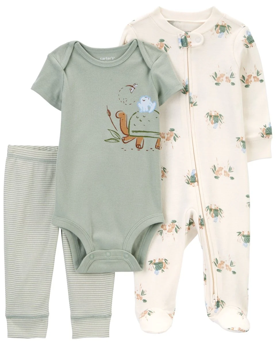 Conjunto 3 piezas de algodón, pijama con pie, pantalón y body, diseño tortuga