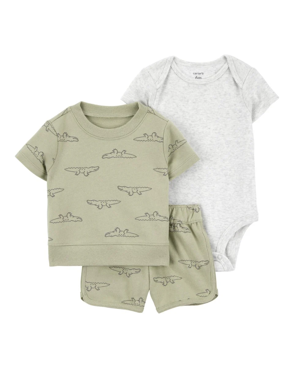 Conjunto tres piezas de pantalón corto, camiseta y body diseño cocodrilo