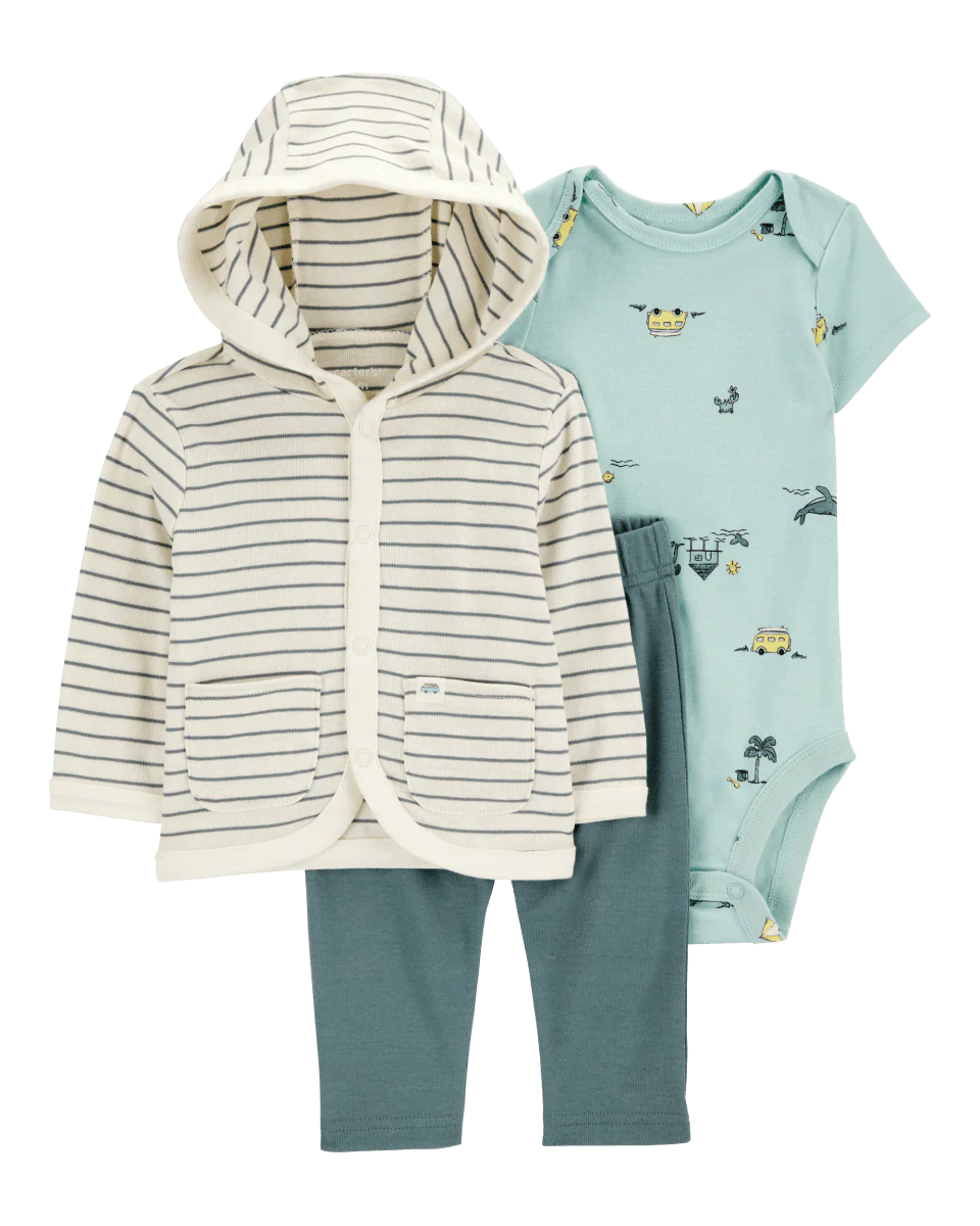 Conjunto de tres piezas con sudadera con capucha y pantalón a rayas