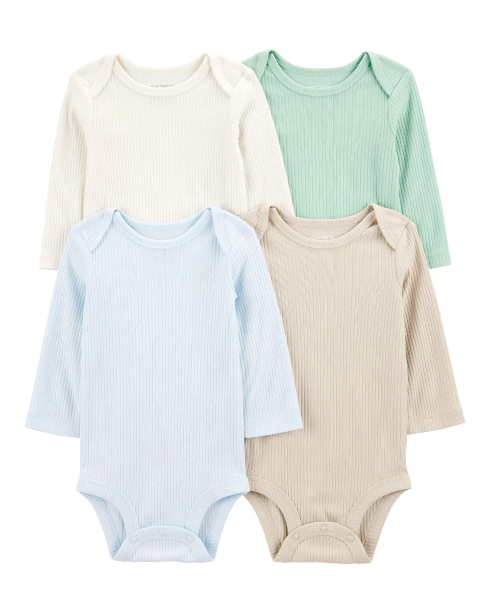 Pack de cuatro bodies de manga larga en verde, gris y azul