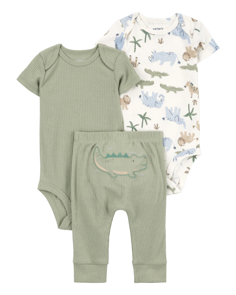 Conjunto tres piezas de algodón pantalón y dos bodies diseño caimán