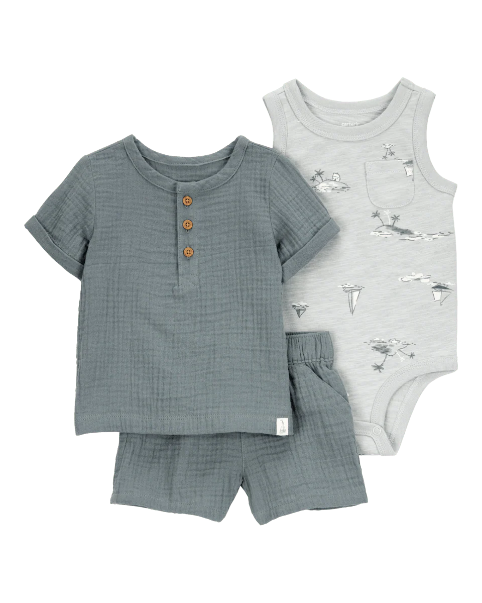 Set tres piezas de algodón, pantalón corto, camiseta henley y body, gris